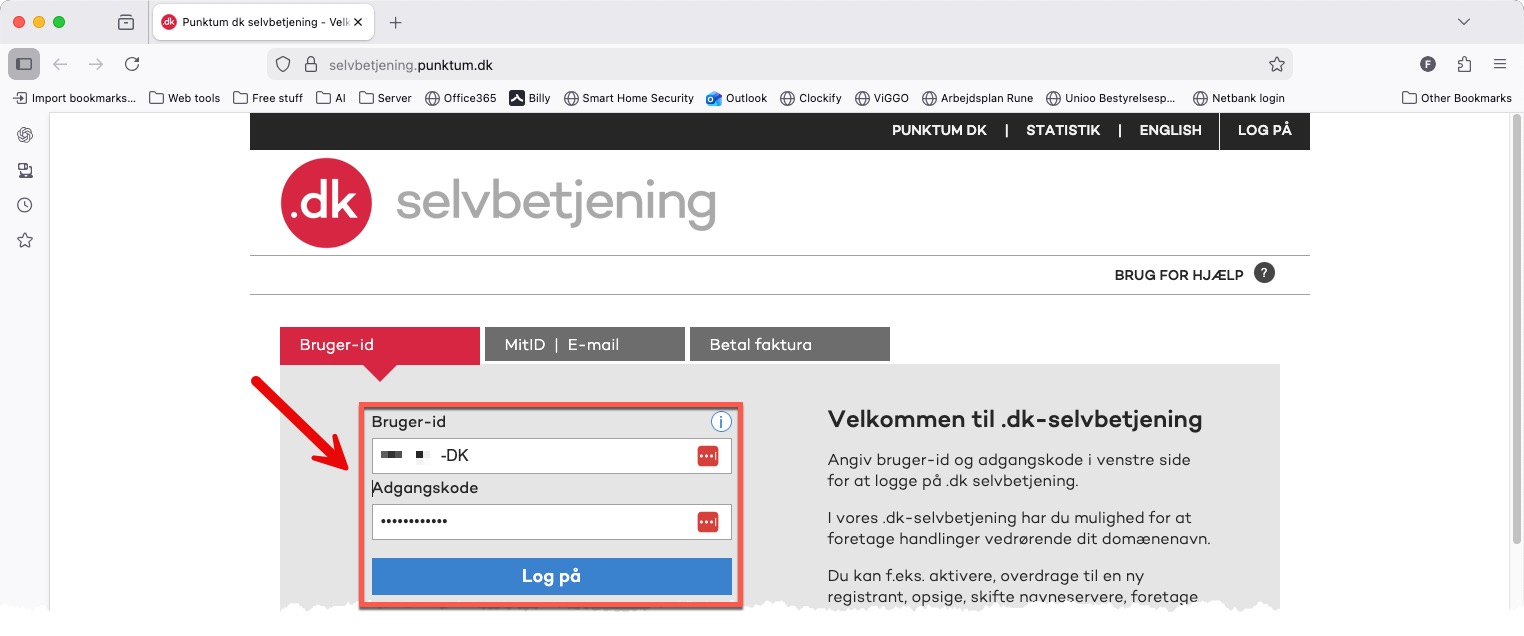 Login-siden hos Punktum dk